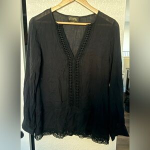 Athena Black Long-Sleeve V-Neck Crochet-Trim Tunic